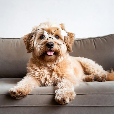 Dog wearing glasses on couch