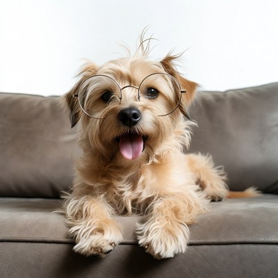 Cute puppy wearing glasses on couch