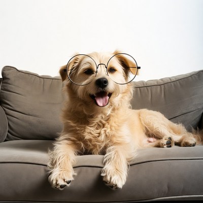 Dog wearing glasses on couch