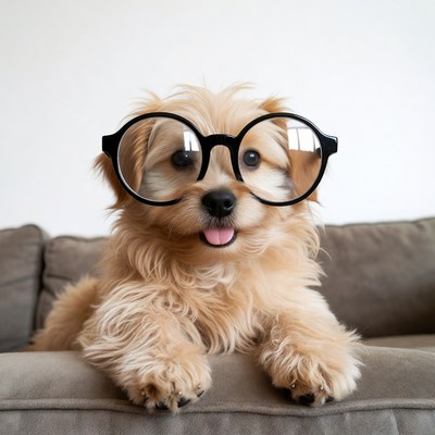 Puppy wearing oversized glasses