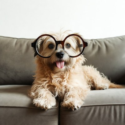 Dog wearing large glasses on couch