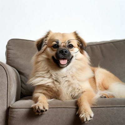 Pomeranian dog wearing glasses on couch