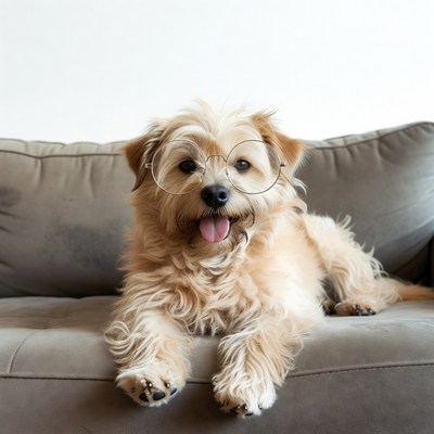 Dog wearing glasses on couch
