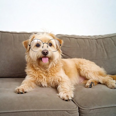 Golden dog wearing glasses on couch