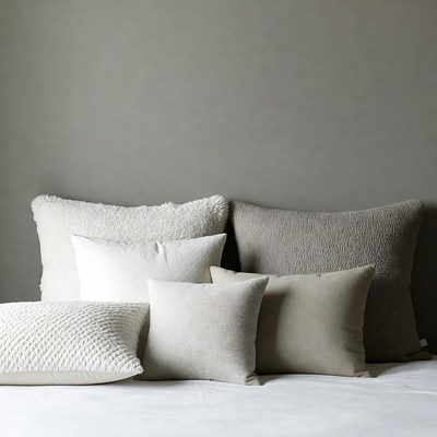 Assortment of Neutral Pillows on Bed