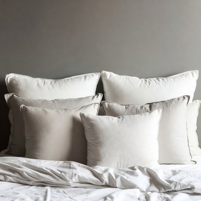 Stack of white pillows on bed
