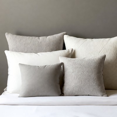 Stacked Gray White Pillows on Bed