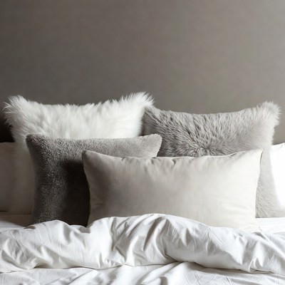 Fluffy white gray pillows on bed