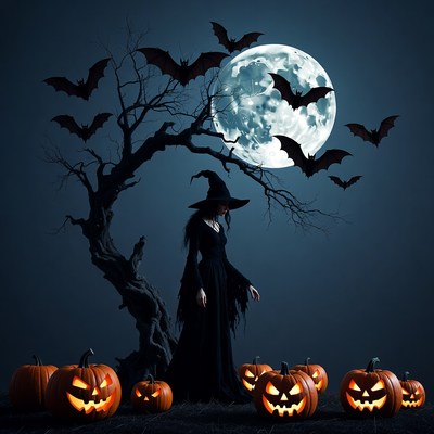 Witch standing by tree with pumpkins