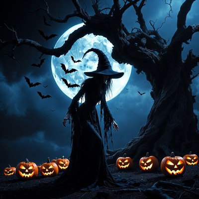 Witch standing by pumpkin tree