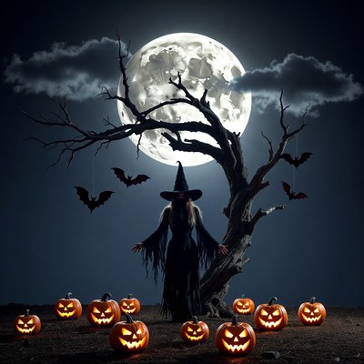 Witch standing with pumpkins under full moon