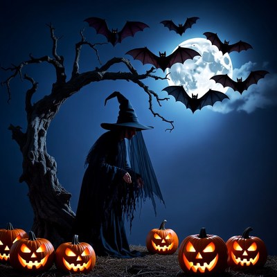 Witch standing by tree with pumpkins