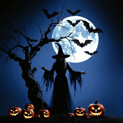 Witch with pumpkin lanterns under full moon