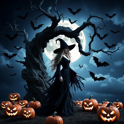 Witch standing with pumpkins and bats