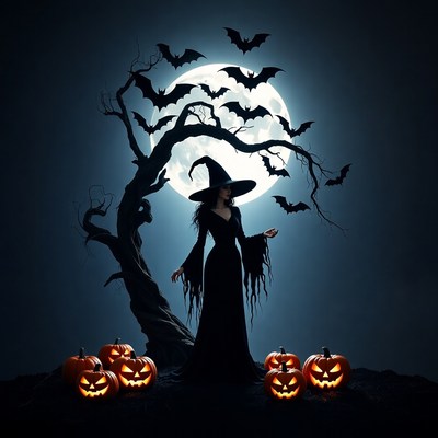Witch standing with pumpkins and bats