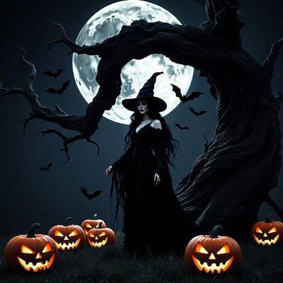 Witch standing by full moon and pumpkins