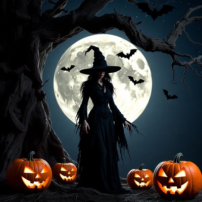 Witch standing with pumpkins under full moon