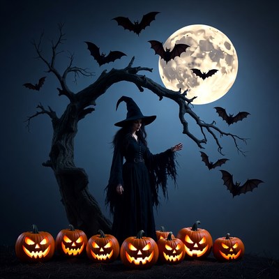 Witch standing with pumpkins and bats