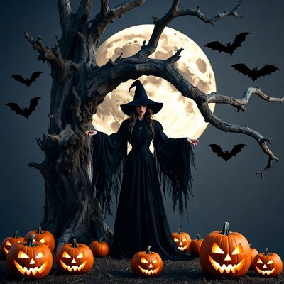Witch with Pumpkins Under Moonlit Tree