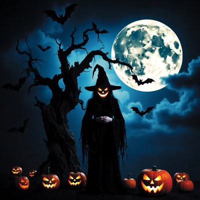Witch with pumpkins under full moon