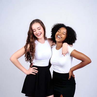 Two girls hugging and laughing