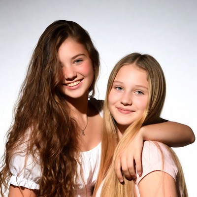Two smiling teenage girls hugging