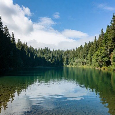 Emerald Lake Surrounded by Pine Forest