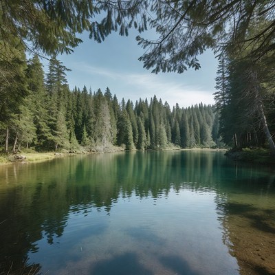 Emerald Lake Surrounded by Pine Forest