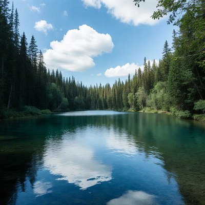 Emerald Lake Surrounded by Pine Forest