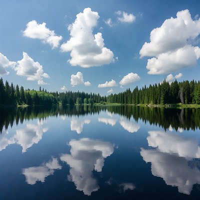 Forest Lake with Cloudy Sky Reflection