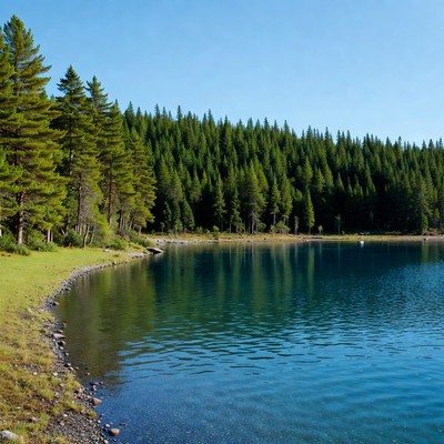 Turquoise lake surrounded by pine forest