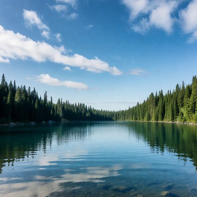 Serene Lake Surrounded by Pine Forest