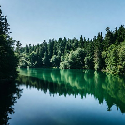 Emerald Lake Surrounded by Pine Forest