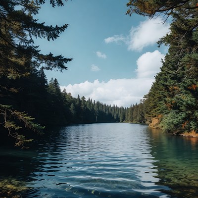 Serene lake surrounded by pine forest