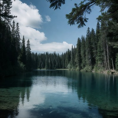 Turquoise lake in dense pine forest