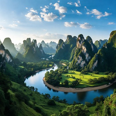 Karst Mountains and River Landscape