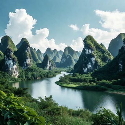 Karst Mountains and River Landscape
