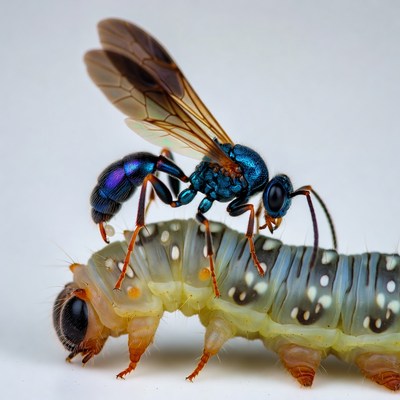Blue Wasp Attacking Caterpillar