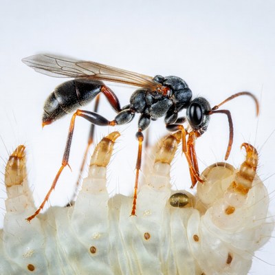 Black Wasp Eating White Larva