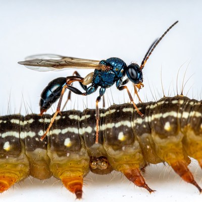 Blue-black wasp parasitizing caterpillar