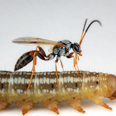 Wasp attacking caterpillar