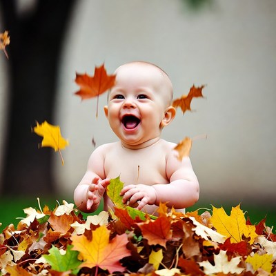 Baby laughing in autumn leaves