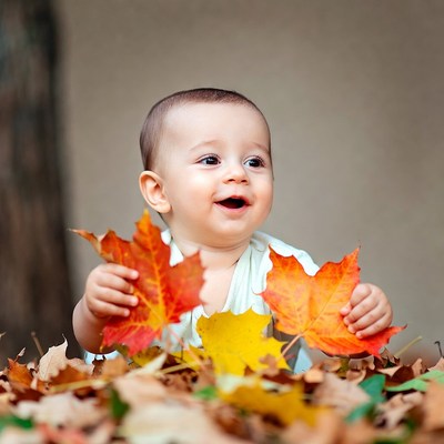 Baby holding autumn leaves