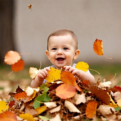 Baby playing in autumn leaves