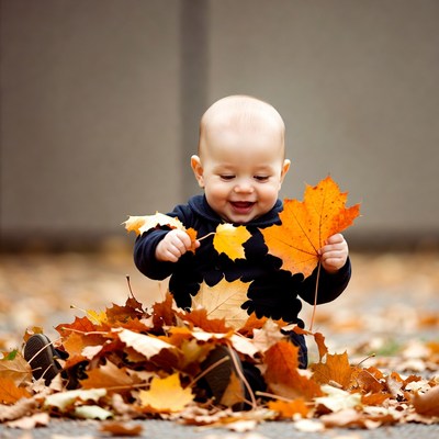 Baby playing with autumn leaves