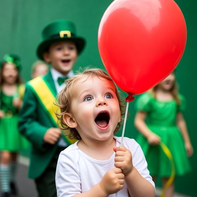 Toddler boy holding red balloon St. Patrick's Day