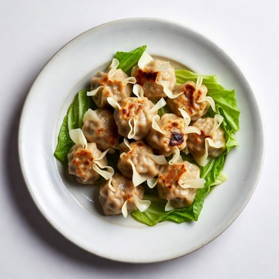Dumplings on Lettuce White Plate