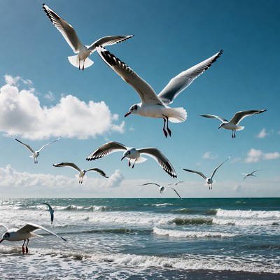 Flock of seagulls flying over ocean waves