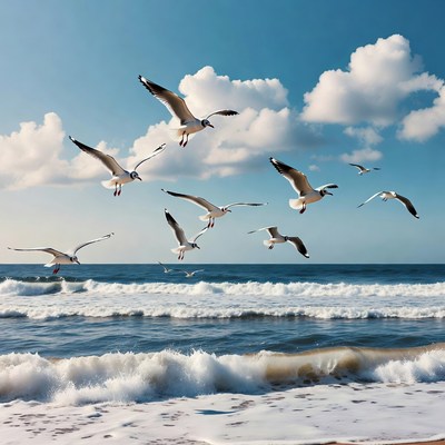 Flock of seagulls flying over ocean waves