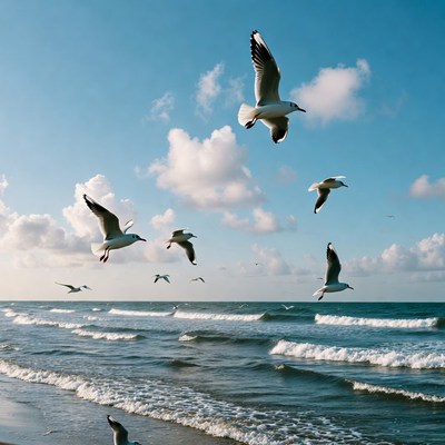 Flock of seagulls flying over ocean waves